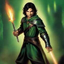 This high-quality digital art piece showcases a slim, attractive male Halfling wizard in the style of Julie Bell