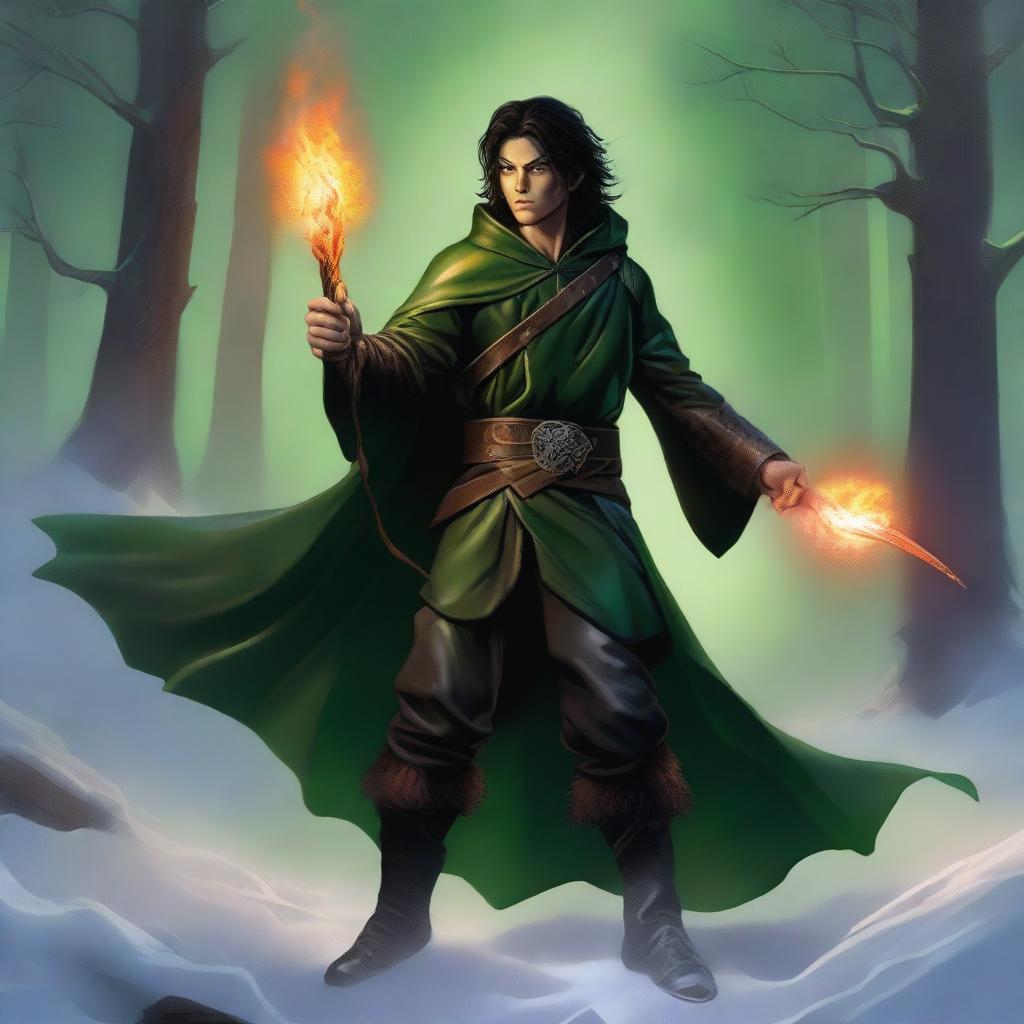 A high-quality digital art image depicts a slender, handsome male Halfling wizard with tall, pointed ears and dark hair, in the style of Julie Bell