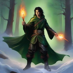 A high-quality digital art image depicts a slender, handsome male Halfling wizard with tall, pointed ears and dark hair, in the style of Julie Bell