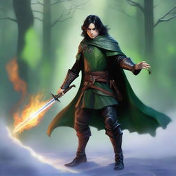 A high-quality digital art image depicts a slender, handsome male Halfling wizard with tall, pointed ears and dark hair, in the style of Julie Bell