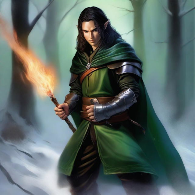 A high-quality digital art image depicts a slender, handsome male Halfling wizard with tall, pointed ears and dark hair, in the style of Julie Bell