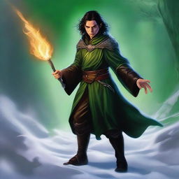 A high-quality digital art image depicts a slender, handsome male Halfling wizard with tall, pointed ears and dark hair, in the style of Julie Bell