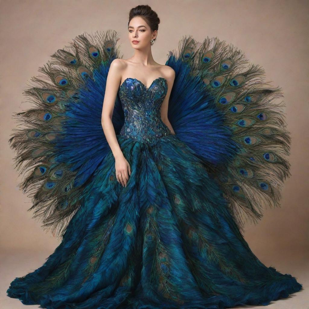 A stunning girl elegantly dressed in a unique gown, intricately designed using shimmering peacock feathers.