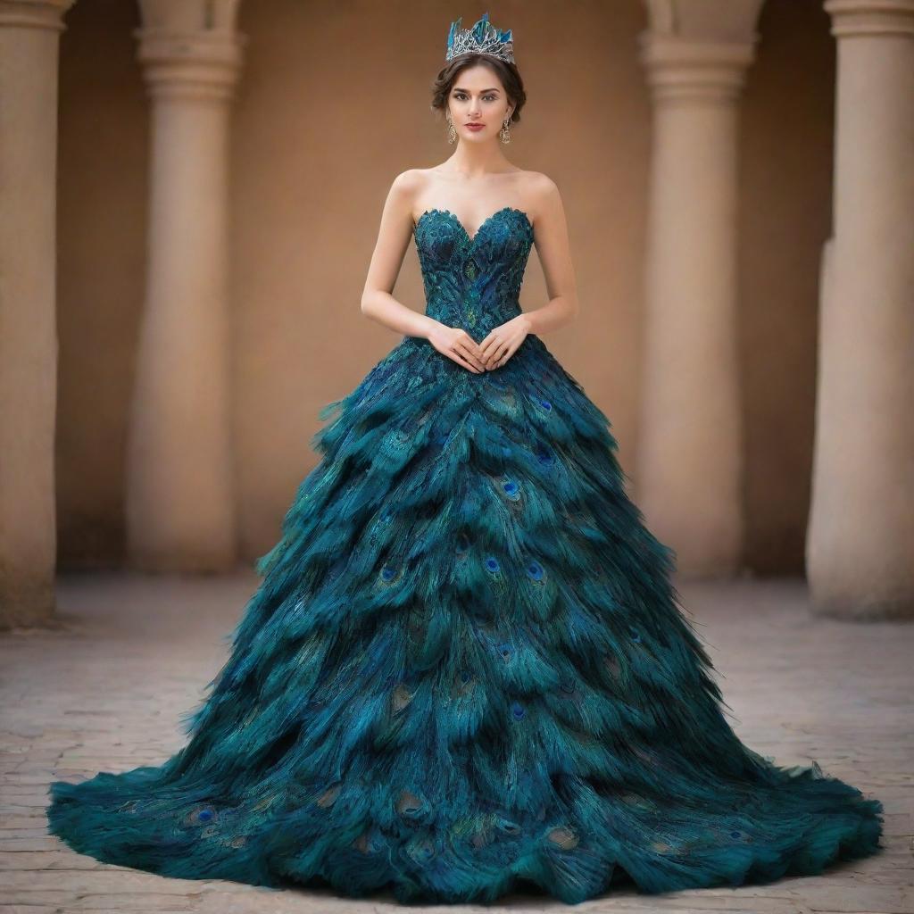 A stunning girl elegantly dressed in a unique gown, intricately designed using shimmering peacock feathers.