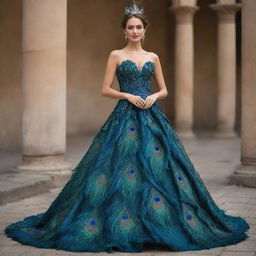 A stunning girl elegantly dressed in a unique gown, intricately designed using shimmering peacock feathers.