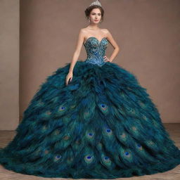 A stunning girl elegantly dressed in a unique gown, intricately designed using shimmering peacock feathers.