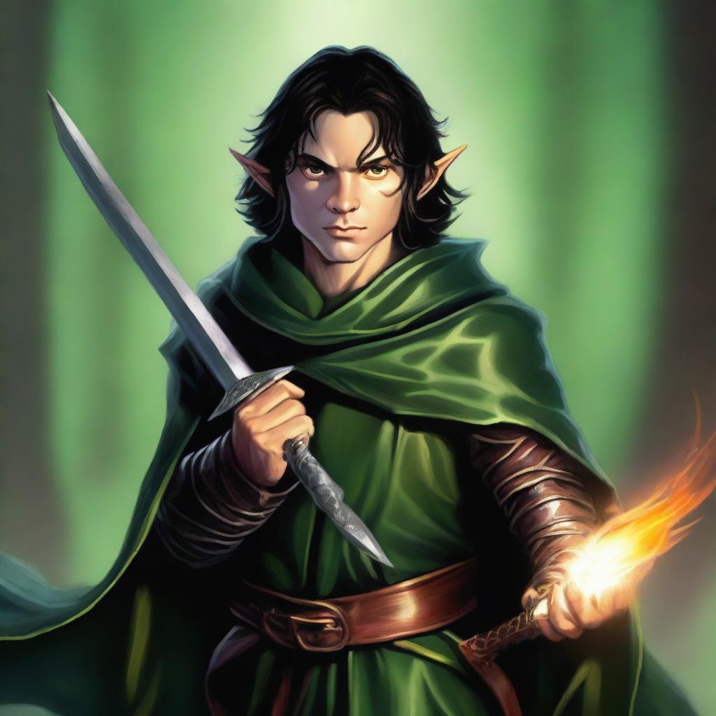 This is a high-quality digital art image, showcasing a slim and handsome male Halfling wizard, with tall pointed ears and dark hair