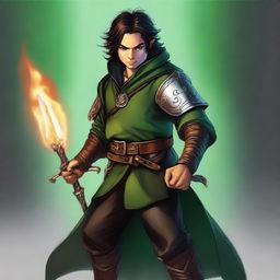 This is a high-quality digital art image, showcasing a slim and handsome male Halfling wizard, with tall pointed ears and dark hair