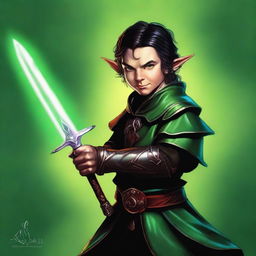 This is a high-quality digital art image, showcasing a slim and handsome male Halfling wizard, with tall pointed ears and dark hair