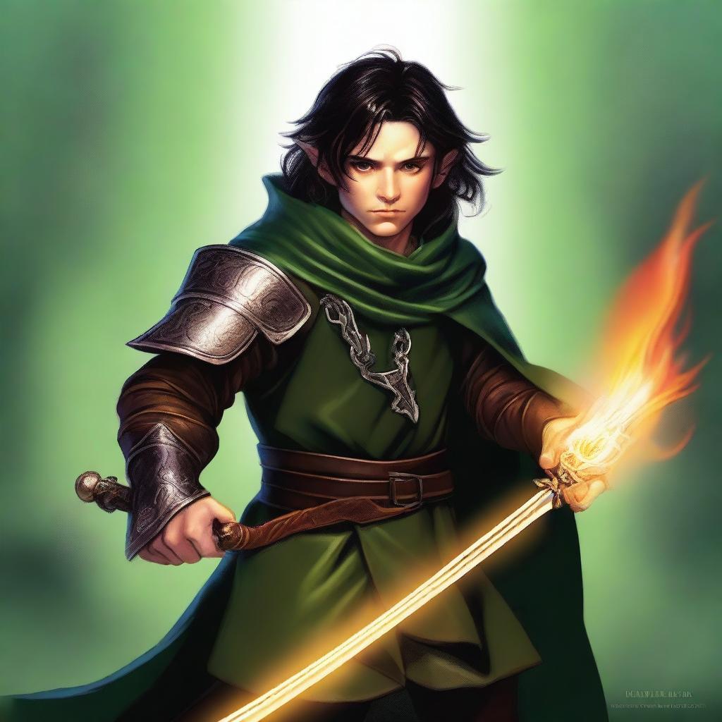 This is a high-quality digital art image, showcasing a slim and handsome male Halfling wizard, with tall pointed ears and dark hair