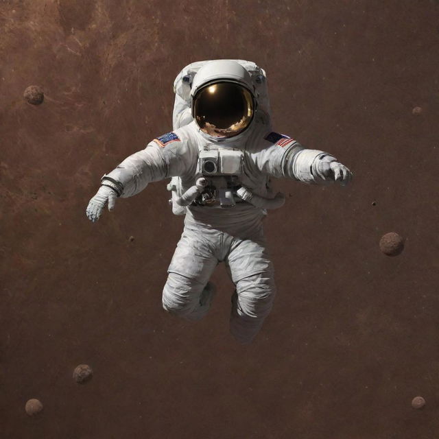 A detailed, high-resolution image of an astronaut floating above a chocolate moon. Emphasize on the intricate texture of the lunar chocolate, the realistic suit of the astronaut, sparkling stars embedding the space, and captivating cosmic reflections on the astronaut's visor, all under a magical and surreal atmosphere.