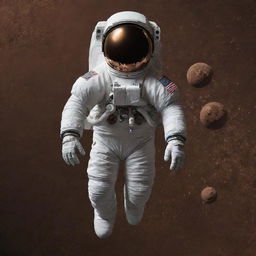 A detailed, high-resolution image of an astronaut floating above a chocolate moon. Emphasize on the intricate texture of the lunar chocolate, the realistic suit of the astronaut, sparkling stars embedding the space, and captivating cosmic reflections on the astronaut's visor, all under a magical and surreal atmosphere.