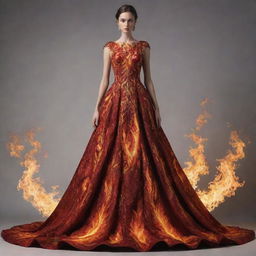 A stunning, elaborate dress made out of flickering flames, demonstrating a fiery aesthetic yet maintaining a stylish silhouette