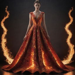 A stunning, elaborate dress made out of flickering flames, demonstrating a fiery aesthetic yet maintaining a stylish silhouette