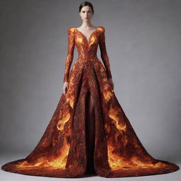 A stunning, elaborate dress made out of flickering flames, demonstrating a fiery aesthetic yet maintaining a stylish silhouette