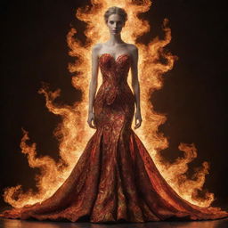 A stunning, elaborate dress made out of flickering flames, demonstrating a fiery aesthetic yet maintaining a stylish silhouette