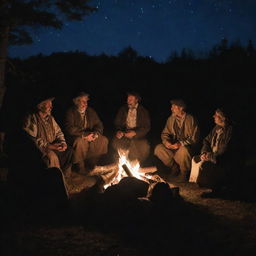 A gathering of ancient people, clothed in authentic period attire, passionately narrating and listening to age-old tales under the night sky, illuminated faintly by a flickering campfire.