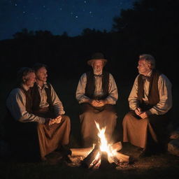 A gathering of ancient people, clothed in authentic period attire, passionately narrating and listening to age-old tales under the night sky, illuminated faintly by a flickering campfire.