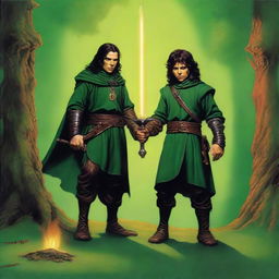 In this high-quality digital art image, a slim, attractive male Halfling wizard is depicted in the style of Michael Whelan