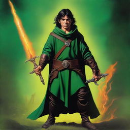 In this high-quality digital art image, a slim, attractive male Halfling wizard is depicted in the style of Michael Whelan