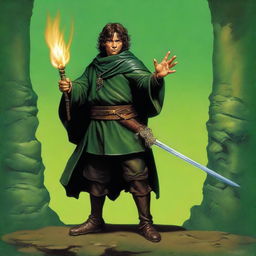 In this high-quality digital art image, a slim, attractive male Halfling wizard is depicted in the style of Michael Whelan