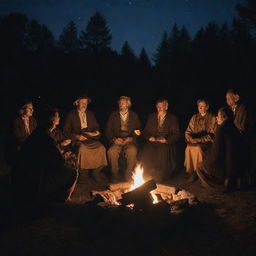 A gathering of ancient people, clothed in authentic period attire, passionately narrating and listening to age-old tales under the night sky, illuminated faintly by a flickering campfire.