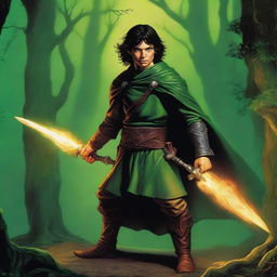 In this high-quality digital art image, a slim, attractive male Halfling wizard is depicted in the style of Michael Whelan