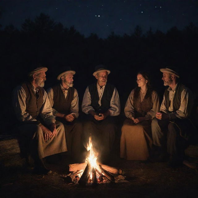 A gathering of ancient people, clothed in authentic period attire, passionately narrating and listening to age-old tales under the night sky, illuminated faintly by a flickering campfire.