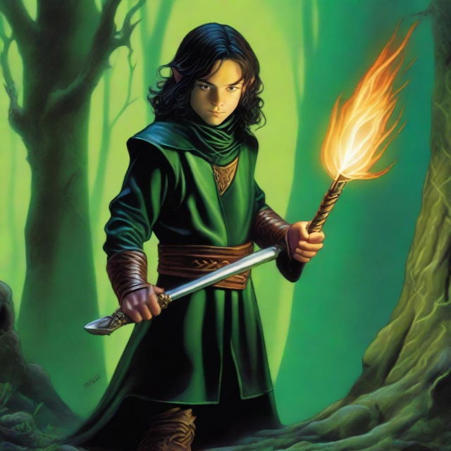 This digital art image of highest quality showcases a slender and handsome male Halfling wizard, depicted in the style of Michael Whelan