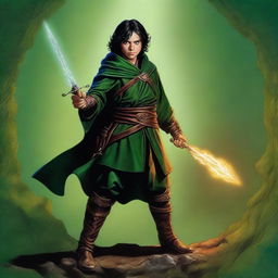 This digital art image of highest quality showcases a slender and handsome male Halfling wizard, depicted in the style of Michael Whelan