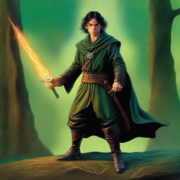 This digital art image of highest quality showcases a slender and handsome male Halfling wizard, depicted in the style of Michael Whelan