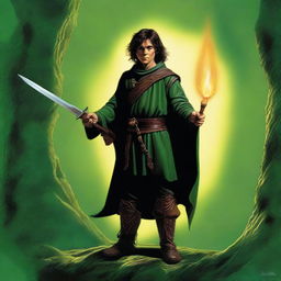 This digital art image of highest quality showcases a slender and handsome male Halfling wizard, depicted in the style of Michael Whelan