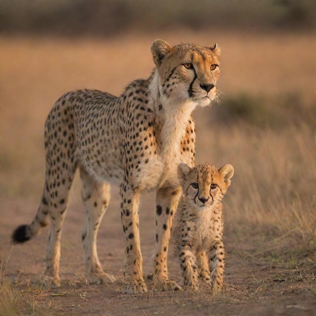 A heartwarming scene in the Savannah during golden hour, portraying an endearing cheetah and her baby calf strolling, captured with the exquisite detail akin to a Canon EOS R5 with a Canon RF 70-200mm f/2.8L IS USM, settings at ISO 400 and wide aperture of f/2.8