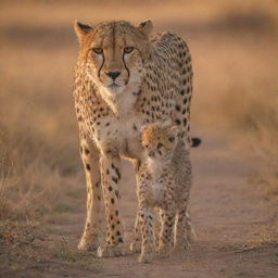 A heartwarming scene in the Savannah during golden hour, portraying an endearing cheetah and her baby calf strolling, captured with the exquisite detail akin to a Canon EOS R5 with a Canon RF 70-200mm f/2.8L IS USM, settings at ISO 400 and wide aperture of f/2.8