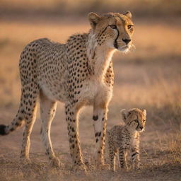 A heartwarming scene in the Savannah during golden hour, portraying an endearing cheetah and her baby calf strolling, captured with the exquisite detail akin to a Canon EOS R5 with a Canon RF 70-200mm f/2.8L IS USM, settings at ISO 400 and wide aperture of f/2.8