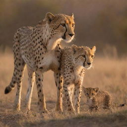 A heartwarming scene in the Savannah during golden hour, portraying an endearing cheetah and her baby calf strolling, captured with the exquisite detail akin to a Canon EOS R5 with a Canon RF 70-200mm f/2.8L IS USM, settings at ISO 400 and wide aperture of f/2.8