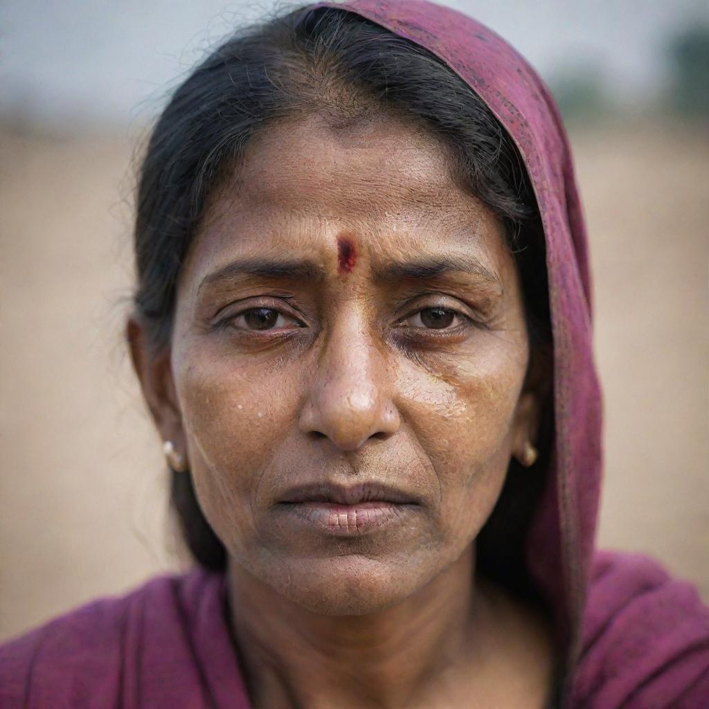 An Indian woman with a subtly injured face, expressing resilience and strength