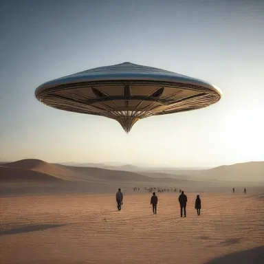 The alien ship lands in the desert, and then, subsequently or soon afterward, the visitors emerge to explore the surroundings.