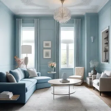 The living room is painted with a soft blue to create a calming atmosphere, and then, subsequently or soon afterward, the furniture is arranged according to the feng shui principles.