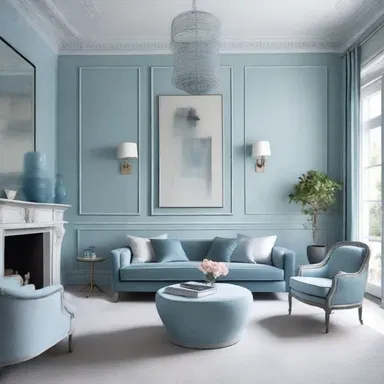 The living room is painted with a soft blue to create a calming atmosphere, and then, subsequently or soon afterward, the furniture is arranged according to the feng shui principles.