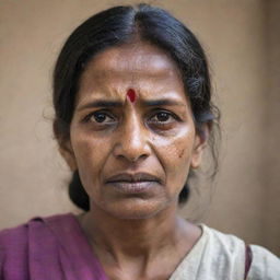 An Indian woman with a subtly injured face, expressing resilience and strength