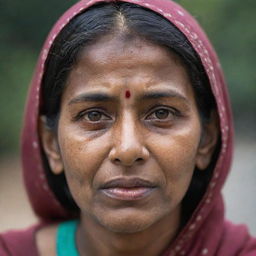 An Indian woman with a subtly injured face, expressing resilience and strength