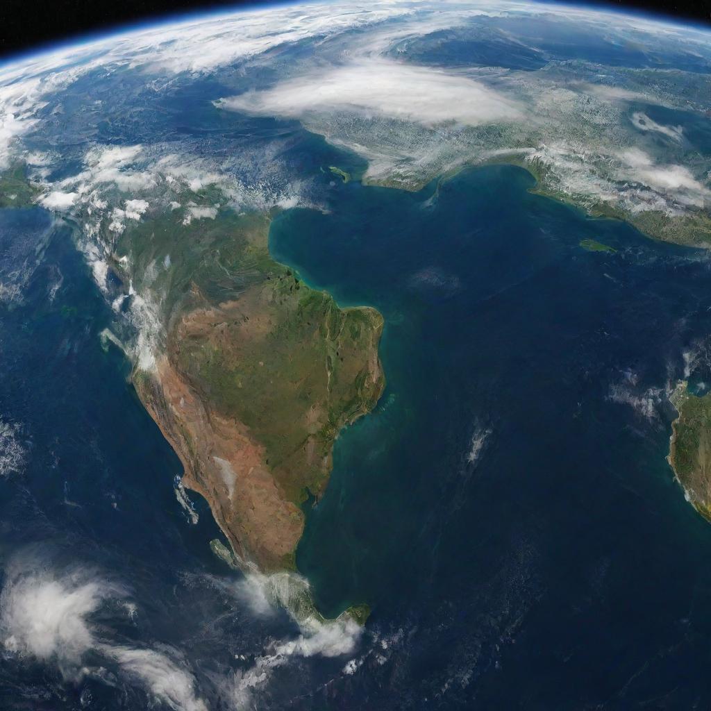 A detailed, stunning image of Earth seen from outer space, featuring blue oceans, green and brown lands, white clouds and a background of twinkling stars.