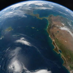 A detailed, stunning image of Earth seen from outer space, featuring blue oceans, green and brown lands, white clouds and a background of twinkling stars.