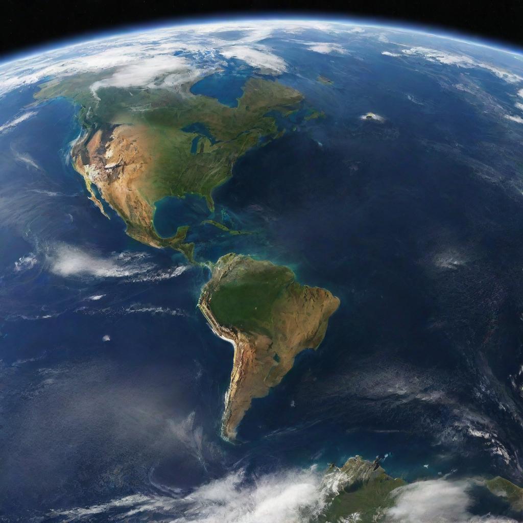 A detailed, stunning image of Earth seen from outer space, featuring blue oceans, green and brown lands, white clouds and a background of twinkling stars.