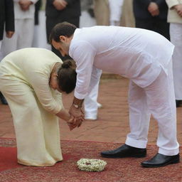 A respectful image of well-known Indian politician Rahul Gandhi, bowing down to his mother, Sonia Gandhi.