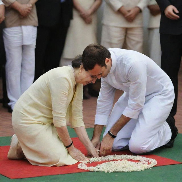 A respectful image of well-known Indian politician Rahul Gandhi, bowing down to his mother, Sonia Gandhi.