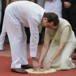 A respectful image of well-known Indian politician Rahul Gandhi, bowing down to his mother, Sonia Gandhi.