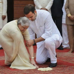 A respectful image of well-known Indian politician Rahul Gandhi, bowing down to his mother, Sonia Gandhi.