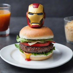 A delicious burger decorated with Iron Man-themed garnishes and details